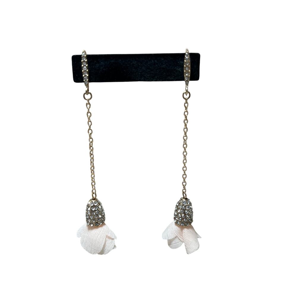 Gold Tone Rhinestone Flower Drop Earrings Blush Fabric Petal Chain Dangle 4in